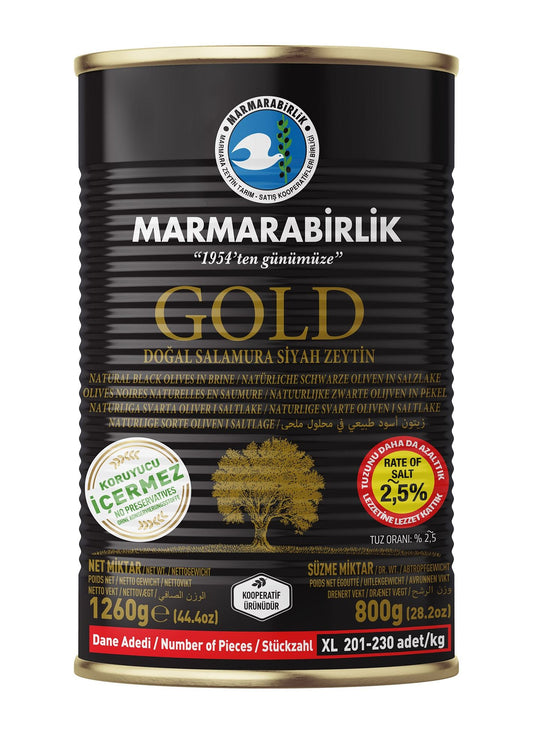 800 GR. GOLD SALZARM NATÜRLICHE SCHWARZE OLIVEN (XL)