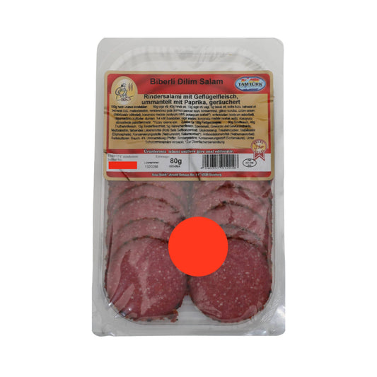Rindersalami mit Geflügelfleisch, ummantelt mit Paprika - Tamtürk Biberli Dilim Salam