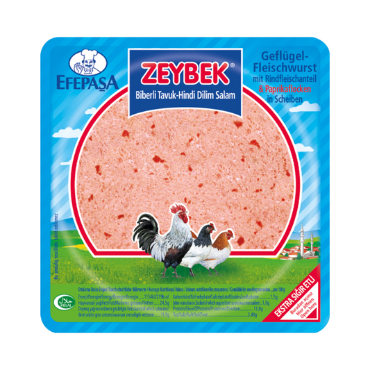 Geflügelfleischwurst mit Rindfleischanteil und Paprikaflocken in Scheiben